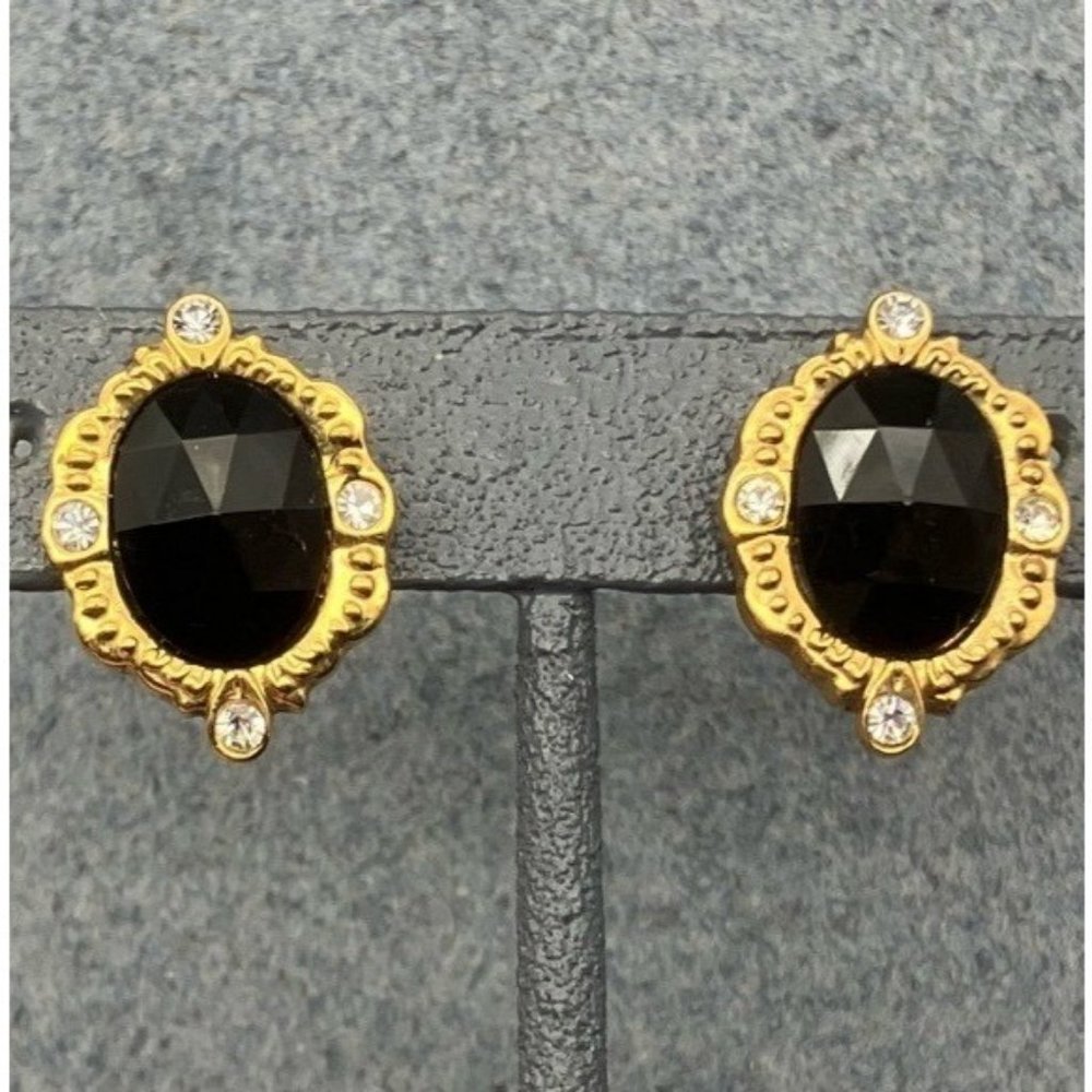 1928 Clip On Earrings Black Gold Rhinestone Faceted Oval Vintage Retro Granny
